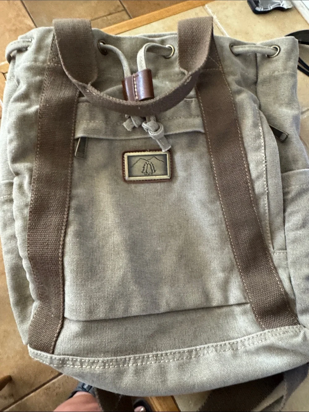Canvas Drawstring Backpack in Tan with Brown Accents